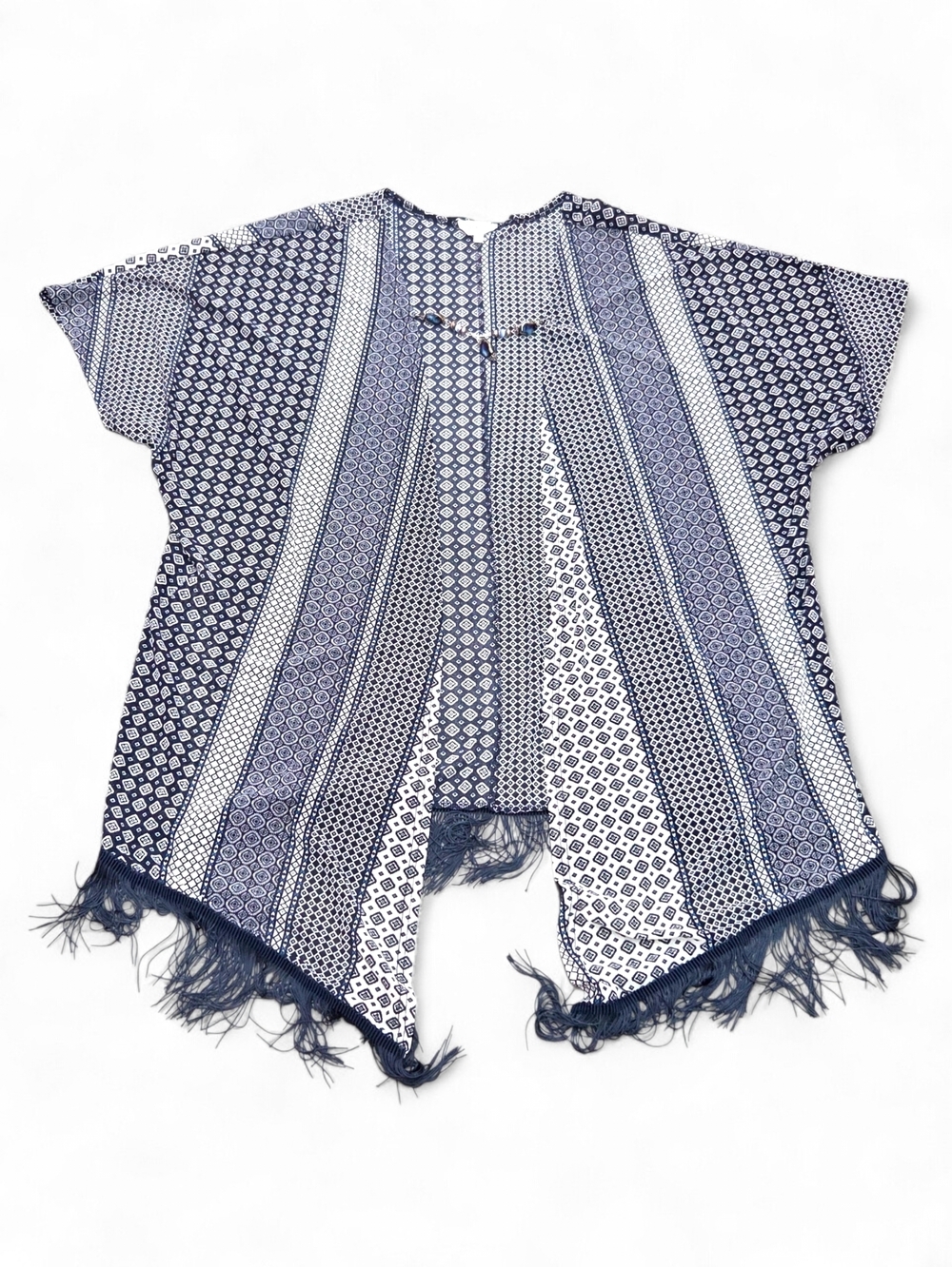 Siren Lily Boho Geometric Print Fringed Kimono Cardigan Beaded Closure - 2X